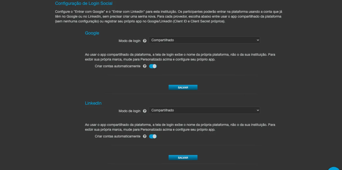 Aba Login Social, com um bloco para Google e outro para LinkedIn, cada um com o campo Modo de login e o interruptor Criar contas automaticamente