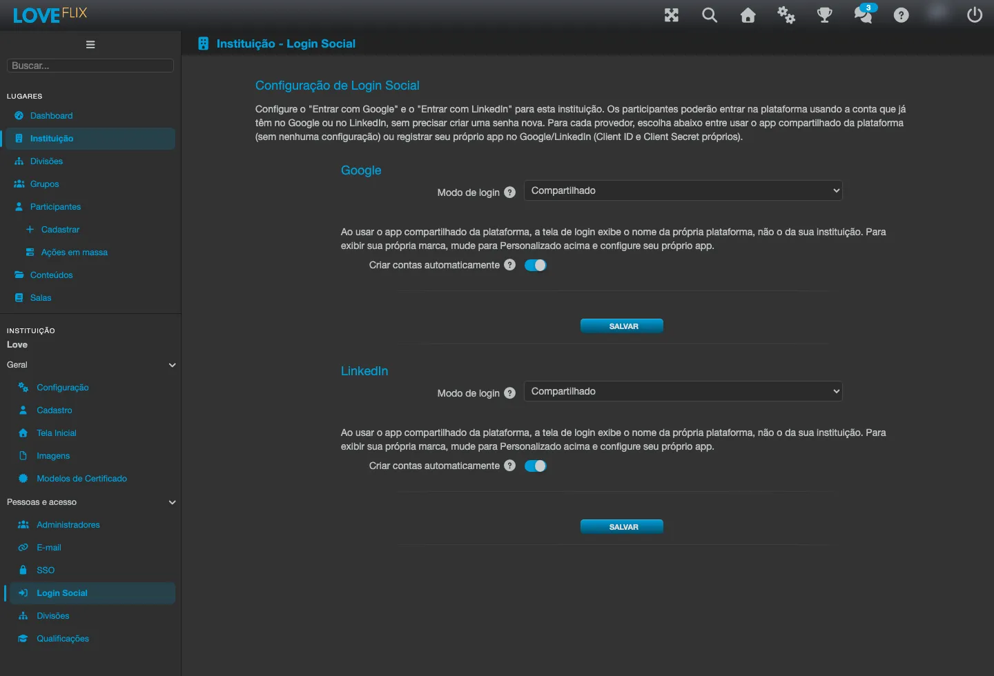 Aba Login Social, com um bloco para Google e outro para LinkedIn, cada um com o campo Modo de login e o interruptor Criar contas automaticamente