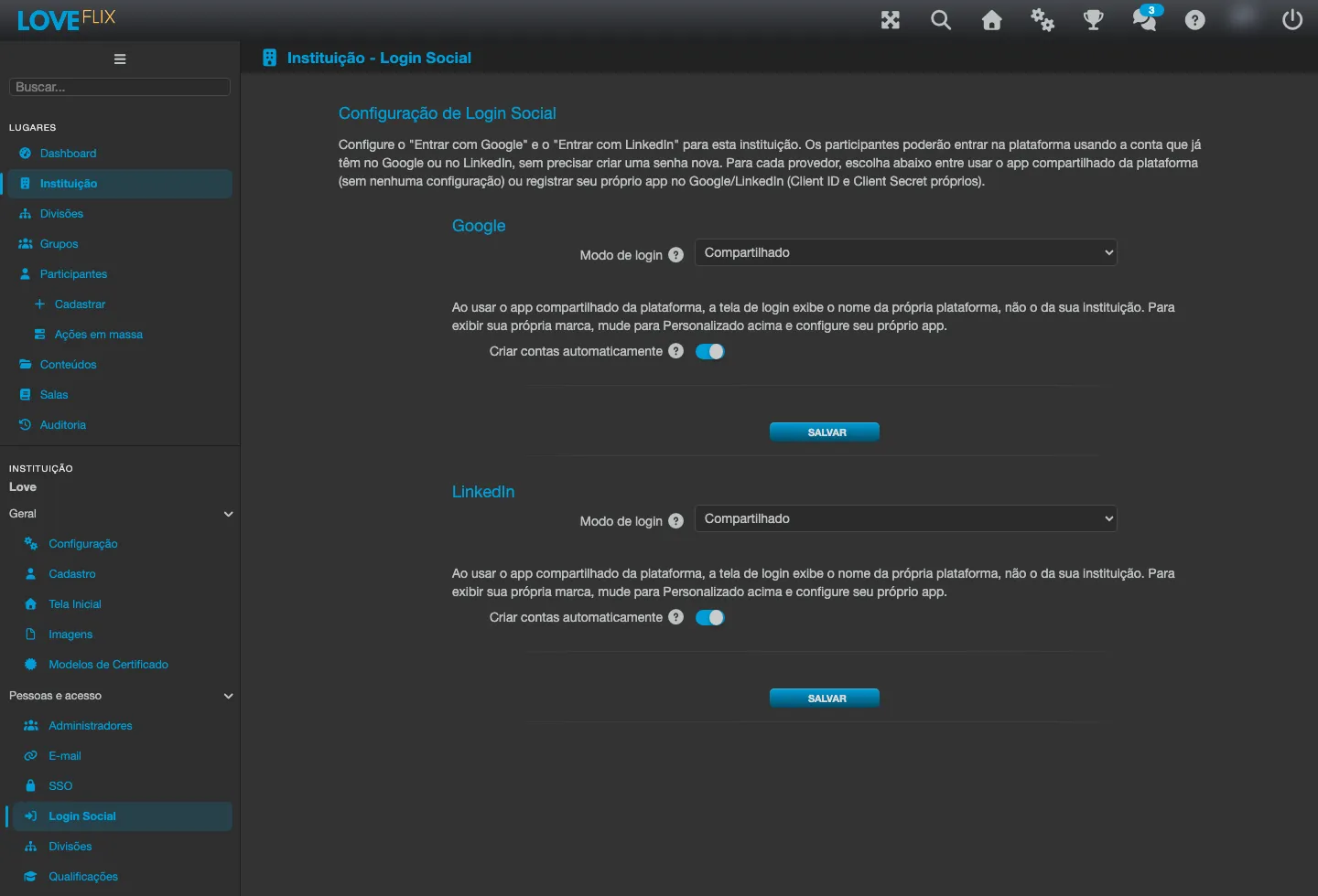 Pestaña Inicio de sesión social, con un bloque para Google y otro para LinkedIn, cada uno con el campo Modo de inicio de sesión y el interruptor Crear cuentas automáticamente