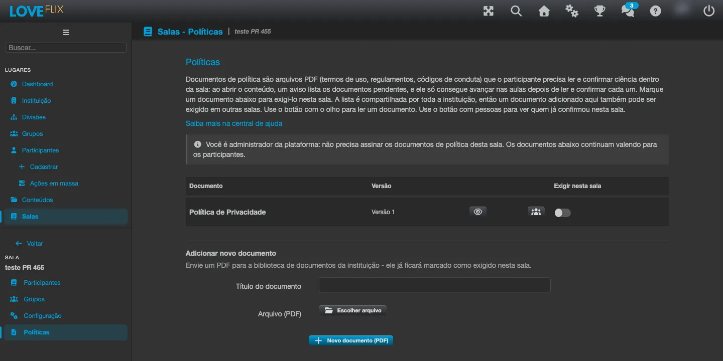 Aba Políticas da sala, com a lista de documentos da instituição e o formulário Adicionar novo documento