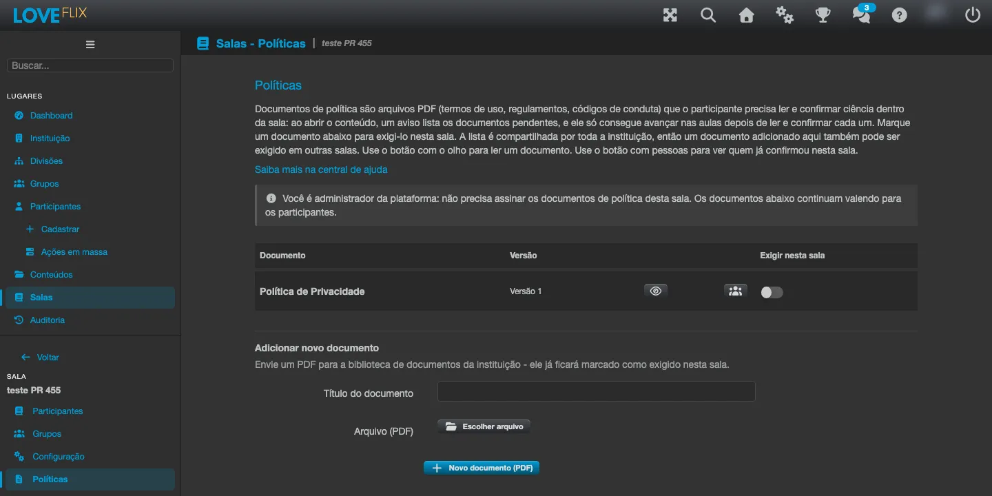 Pestaña Políticas de la sala, con la lista de documentos de la institución y el formulario Añadir nuevo documento