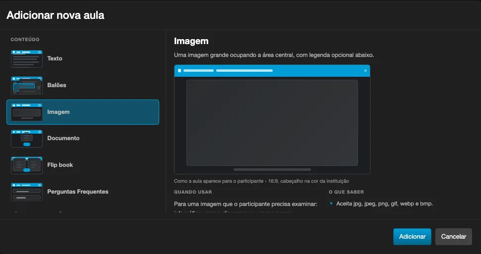 Fenêtre Ajouter une nouvelle leçon avec le type Image sélectionné, montrant l’aperçu et les formats acceptés