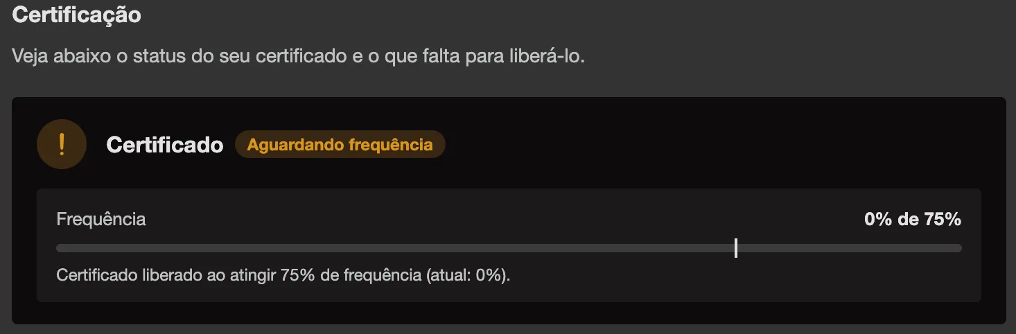 Tarjeta de Certificación en la sala de aula con la etiqueta Esperando asistencia y el medidor de Asistencia mostrando el porcentaje actual frente al exigido