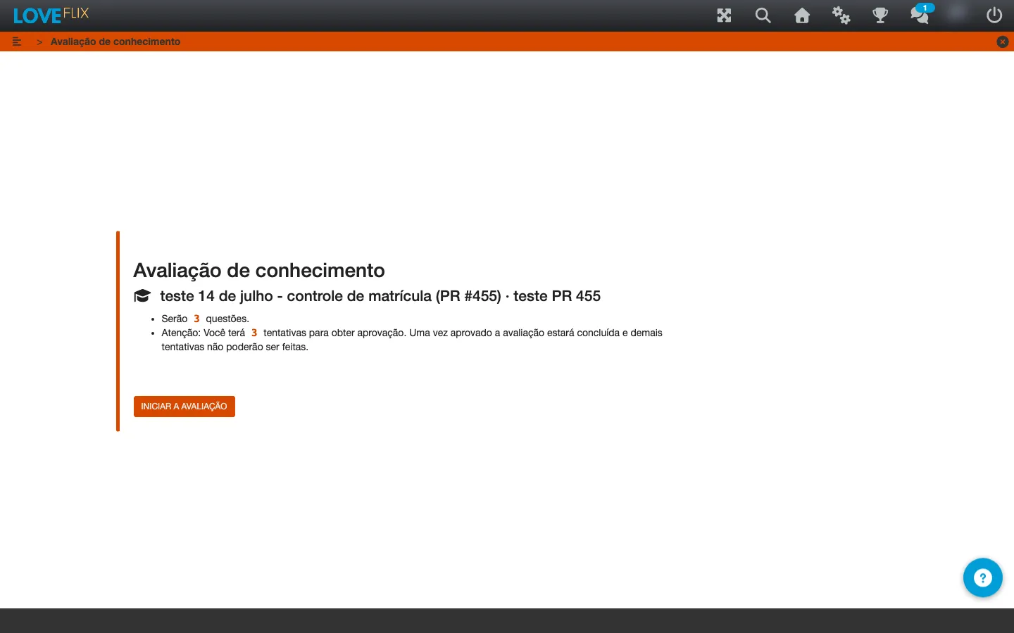 Slide de avaliacao: Avaliacao de Conhecimento, com o numero de questoes, o numero de tentativas permitidas e o botao Iniciar a avaliacao