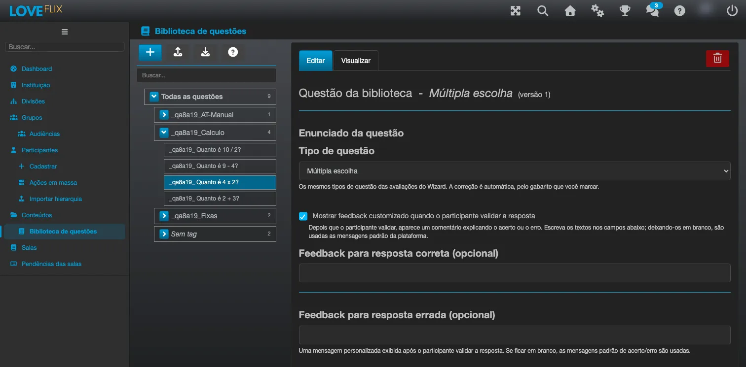 Tela Biblioteca de questões, com os quatro botões de ícone e a busca no alto, a árvore de tags à esquerda e as abas Editar e Visualizar da questão selecionada à direita