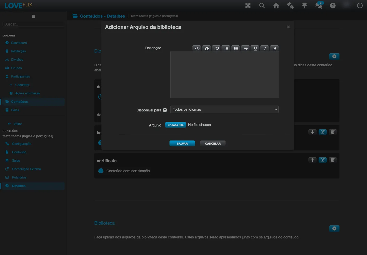 Modal Adicionar Arquivo da biblioteca com o campo Descrição, o campo Disponível para mostrando as opções Todos os idiomas, Português, Français, Español e English, e o campo Arquivo