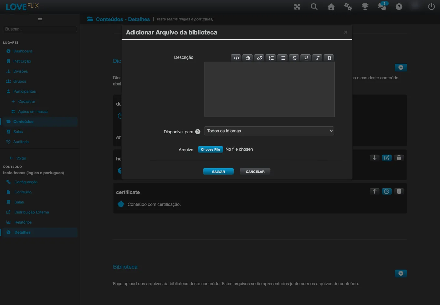 Modal Agregar Archivo de la biblioteca con el campo Descripción, el campo Disponible para mostrando las opciones Todos los idiomas, Português, Français, Español y English, y el campo Archivo