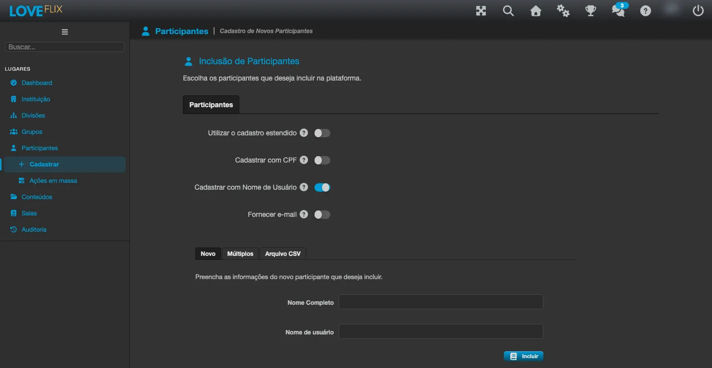 Pantalla Inclusión de Participantes con el interruptor Registrar con Nombre de Usuario activado; en la pestaña Nuevo aparecen solo los campos Nombre Completo y Nombre de usuario