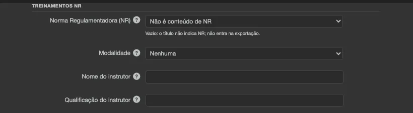 Grupo Treinamentos NR na edição do conteúdo, com o campo Norma Regulamentadora (NR) e a dica Vazio abaixo dele, seguido de Modalidade, Nome do instrutor e Qualificação do instrutor