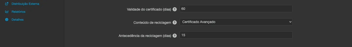 Seção de certificado na edição do conteúdo, com os três campos de validade preenchidos