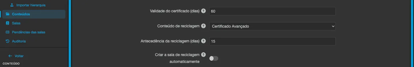Seção de certificado na edição do conteúdo, com os campos de validade e a opção de reciclagem automática