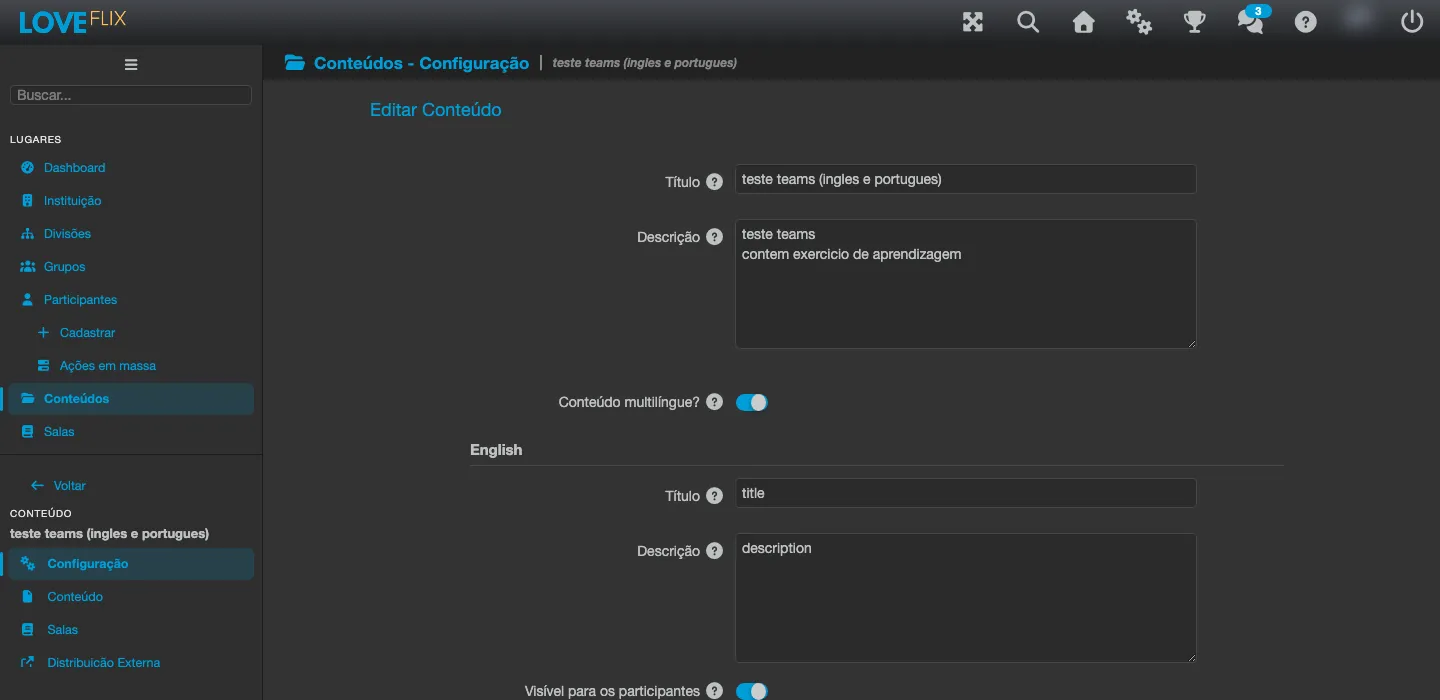 Aba Configuração de um Conteúdo com o interruptor Conteúdo multilíngue ativado, mostrando os campos Título e Descrição em francês e o interruptor Visível para os participantes
