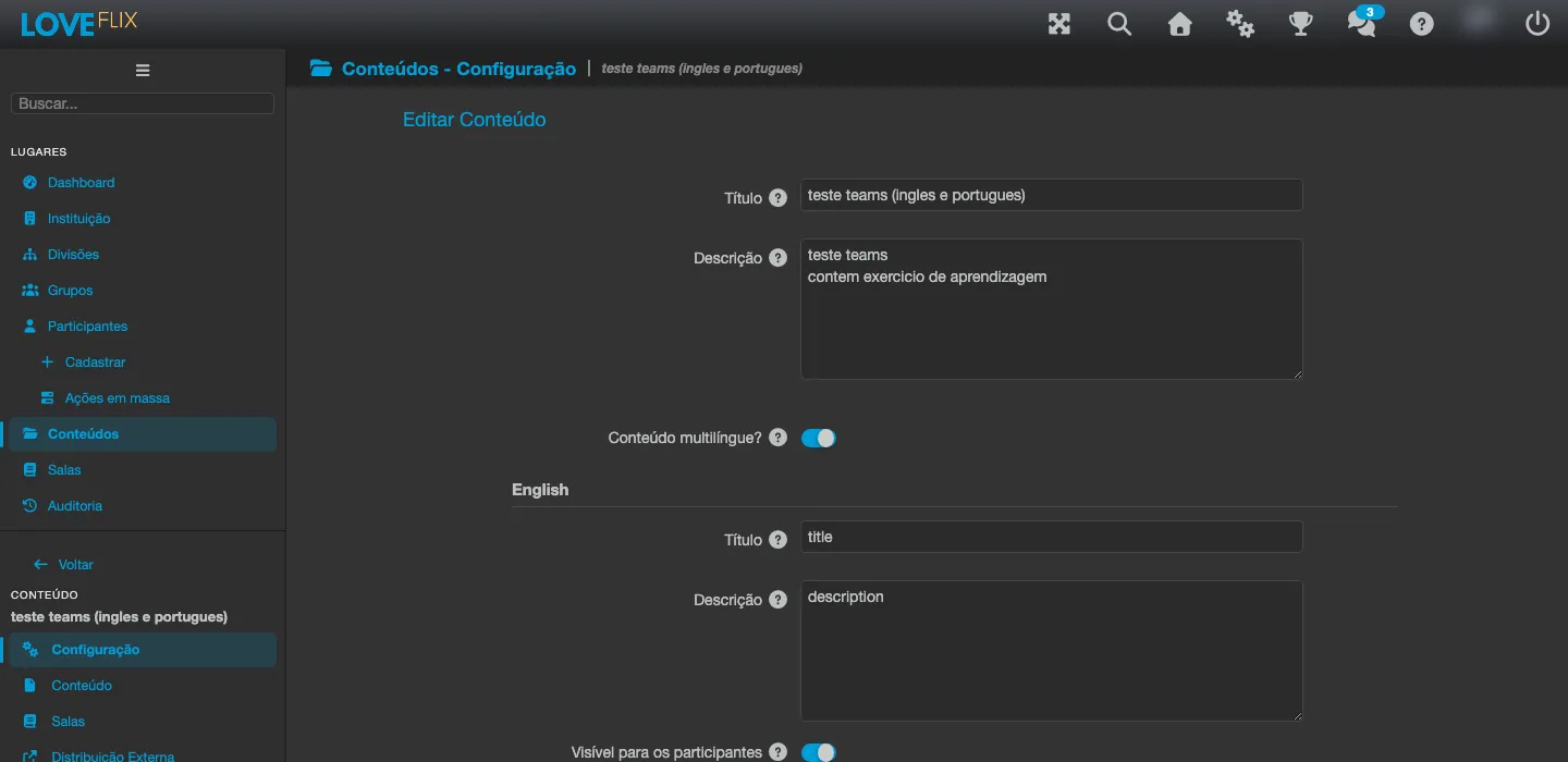 Pestaña Configuración de un Contenido con el interruptor Contenido multilingüe activado, mostrando los campos Título y Descripción en francés y el interruptor Visible para los participantes
