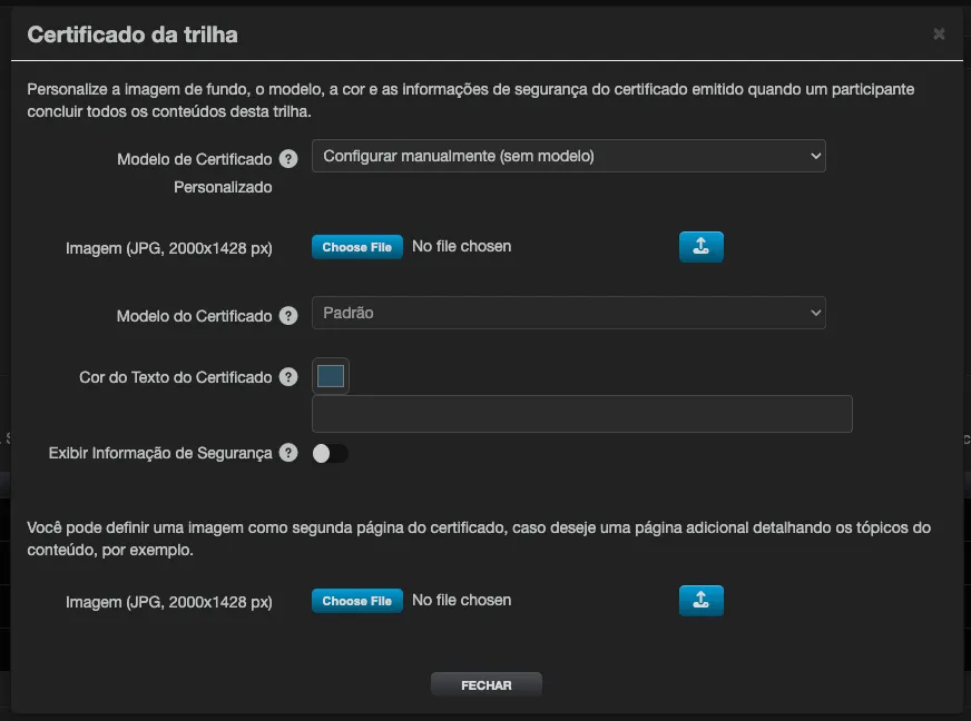 Janela Certificado da trilha, com os mesmos campos de imagem de fundo, modelo, cor, informação de segurança e segunda página