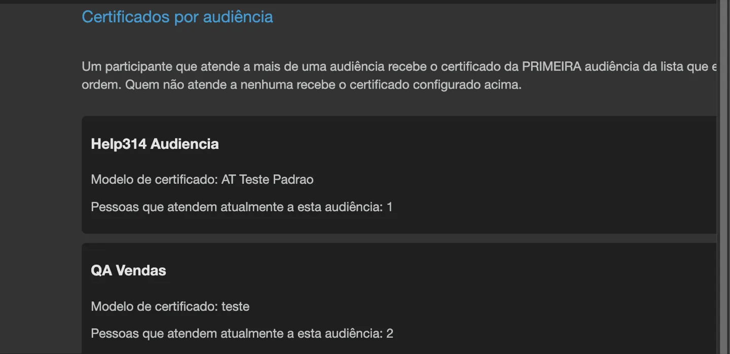 Lista Certificados por audiência, com um item por audiência mostrando o modelo de certificado e quantas pessoas atendem a cada uma