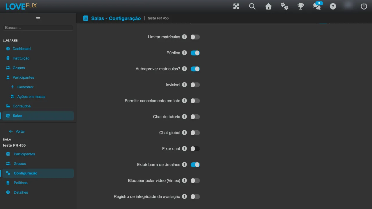 Tela de configuração da sala, com as opções Chat de tutoria e Chat global