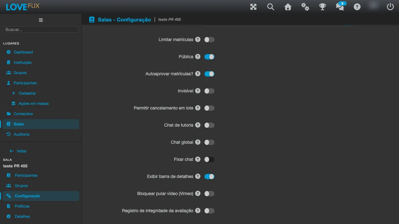 Pantalla de configuración de la sala, con las opciones Chat de tutoría y Chat global