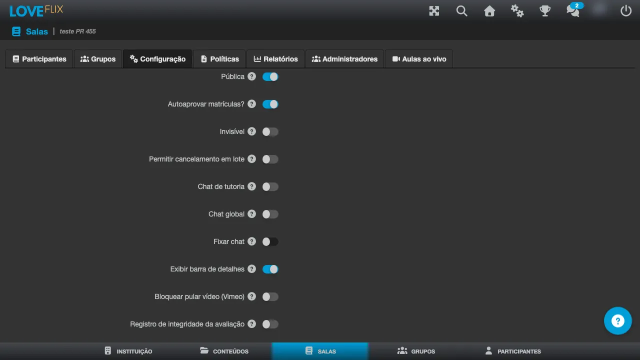 Tela de configuração da sala, com as opções Chat de tutoria e Chat global