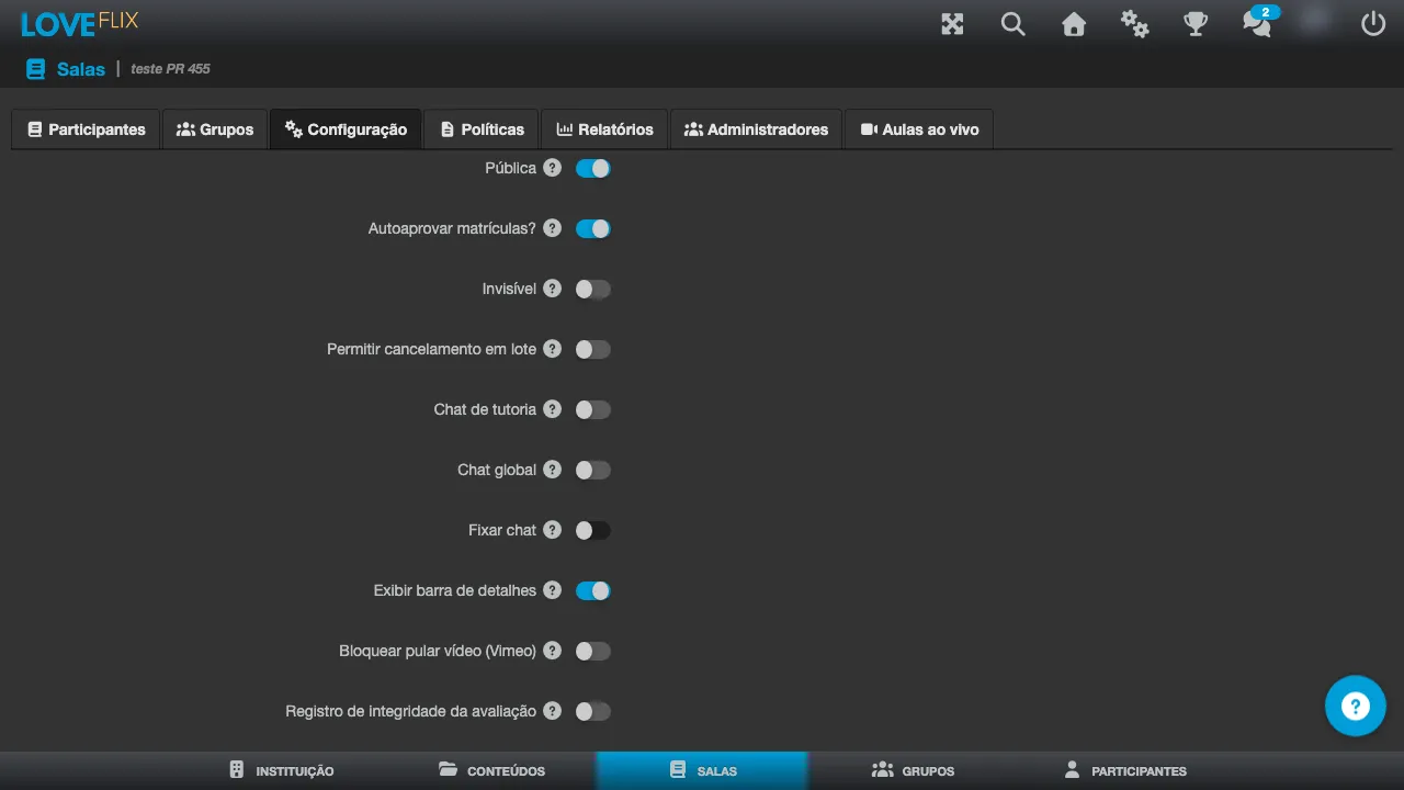 Tela de configuração da sala, com as opções Chat de tutoria e Chat global