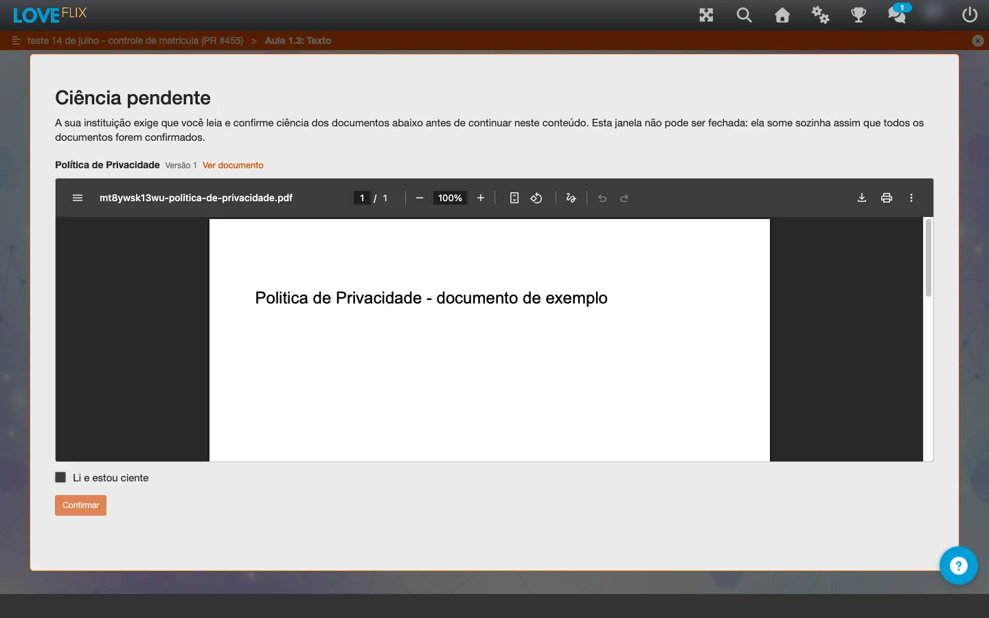 Ventana Conocimiento pendiente sobre la clase, con el PDF del documento mostrado, la casilla Lo he leído y estoy al tanto y el botón Confirmar