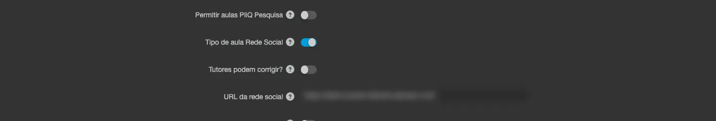 Pestaña Configuración de la institución, con el interruptor Tipo de clase Redes Sociales activado y el campo URL de la red social completado justo debajo