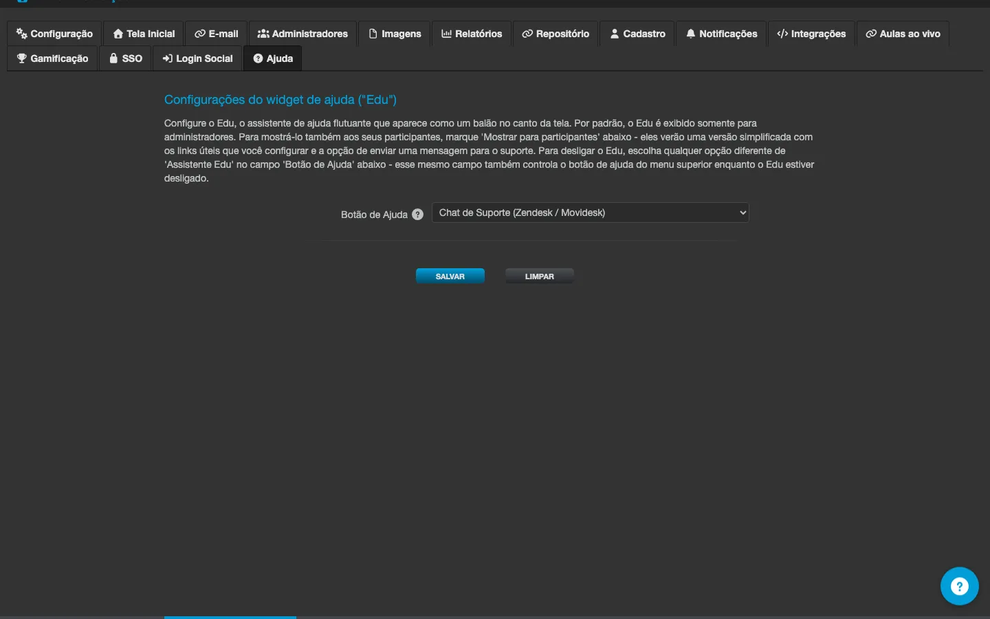 Aba Configuracao da instituicao, com o seletor Botao de Ajuda definido como Popup de Ajuda