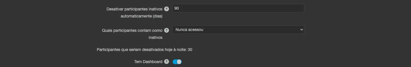 Campos Desativar participantes inativos automaticamente (dias) e Quais participantes contam como inativos, com a linha de prévia mostrando quantos participantes seriam desativados hoje à noite