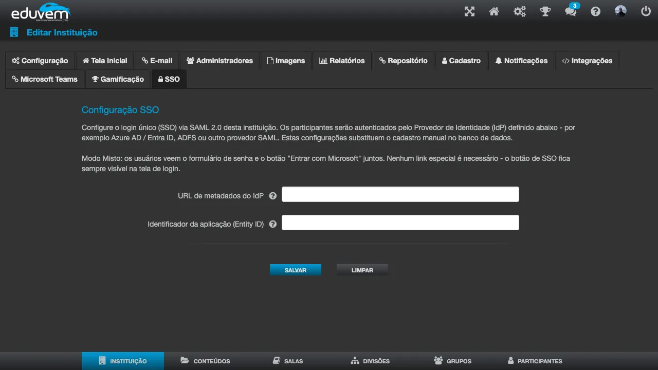 Tela Configuração SSO, com a URL de metadados do IdP e o identificador da aplicação (Entity ID)