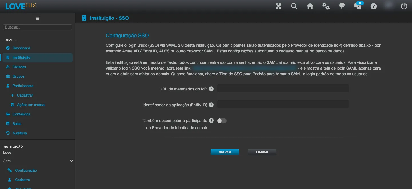 Pantalla Configuración SSO, con la URL de metadatos del IdP y el identificador de la aplicación (Entity ID)