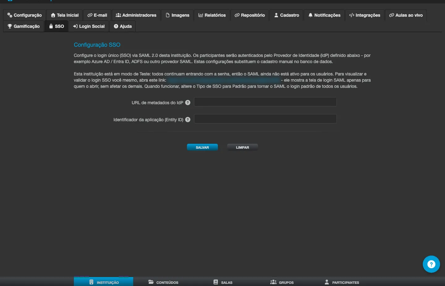 Tela Configuração SSO, com a URL de metadados do IdP e o identificador da aplicação (Entity ID)