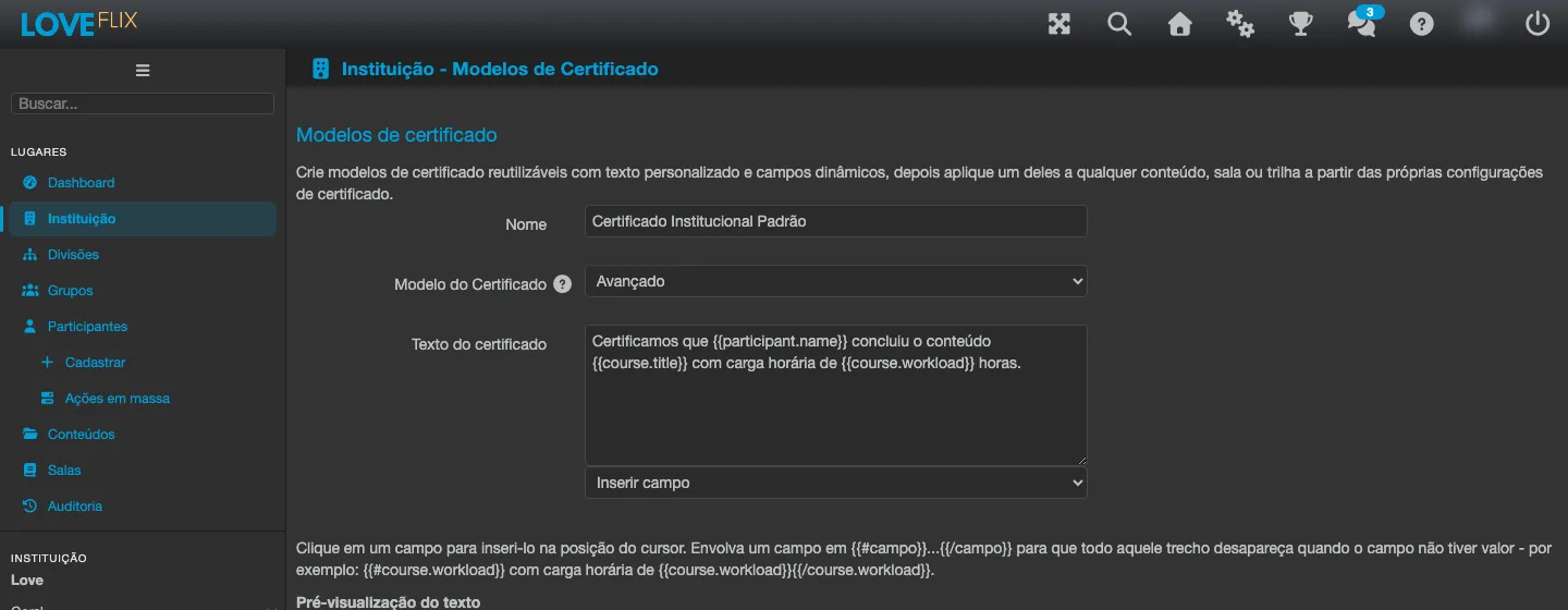 Formulário Criar Modelo de Certificado, com os campos Nome, Modelo do Certificado, Texto do certificado preenchido com campos dinâmicos e a pré-visualização do texto abaixo