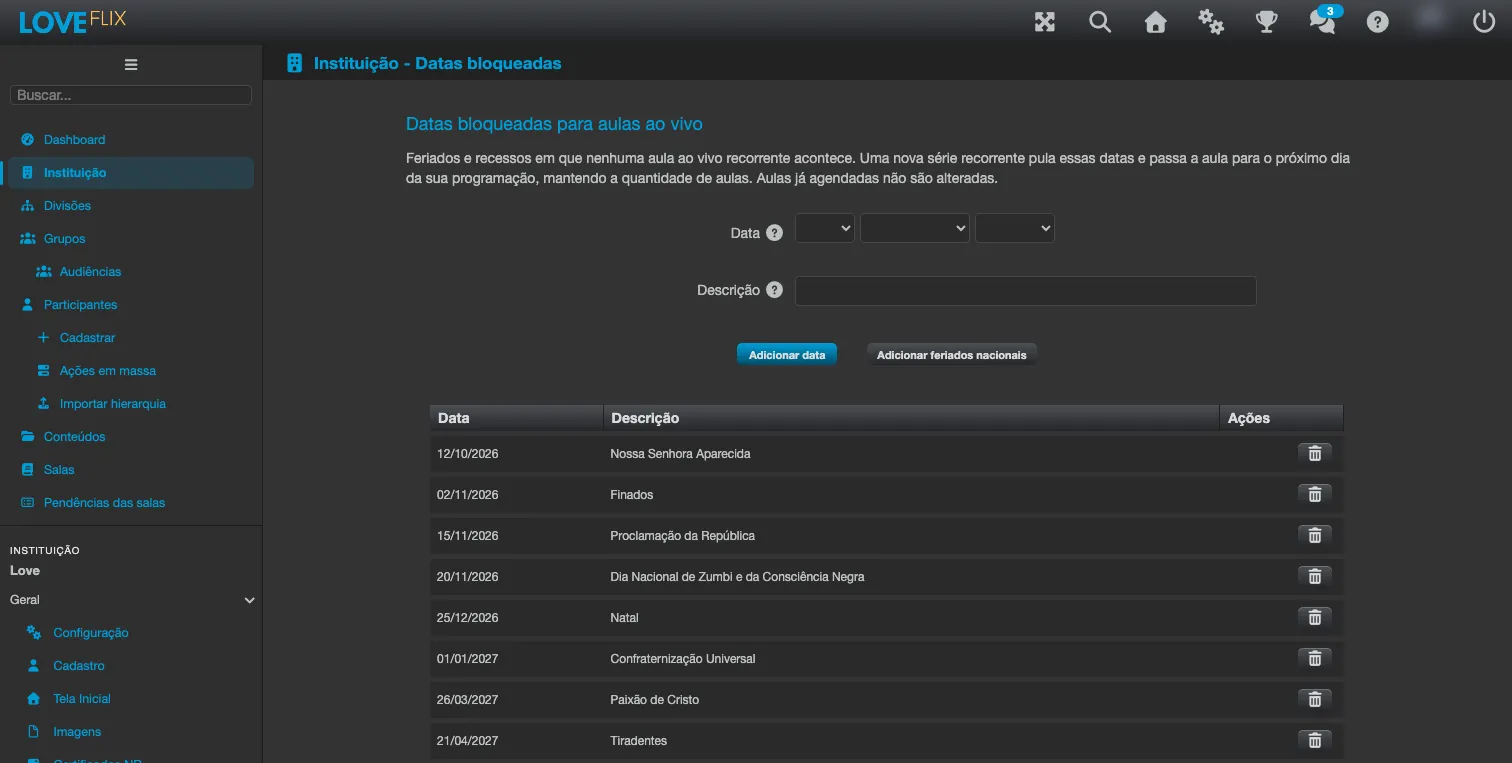 Seção Datas bloqueadas para aulas ao vivo, com os campos Data e Descrição, os botões Adicionar data e Adicionar feriados nacionais e a lista de datas com as colunas Data, Descrição e Ações