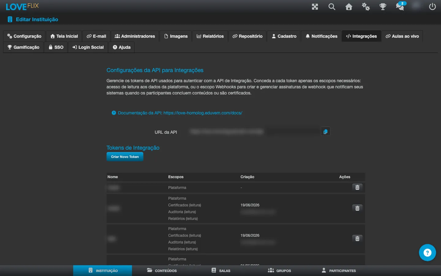 Aba Integracoes da instituicao, com o link Documentacao da API e o campo URL da API