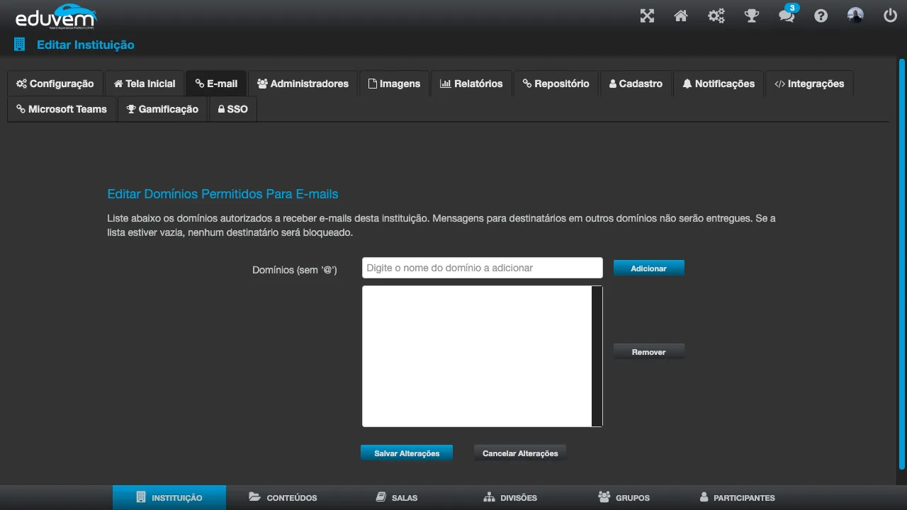 Tela Editar Domínios Permitidos Para E-mails, com o campo para adicionar um domínio e a lista de domínios autorizados