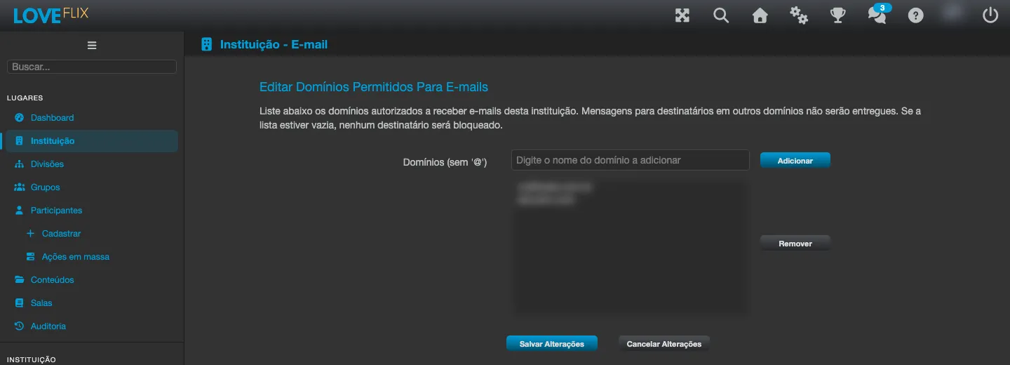 Pantalla Editar Dominios Permitidos para Correos, con el campo para añadir un dominio y la lista de dominios autorizados