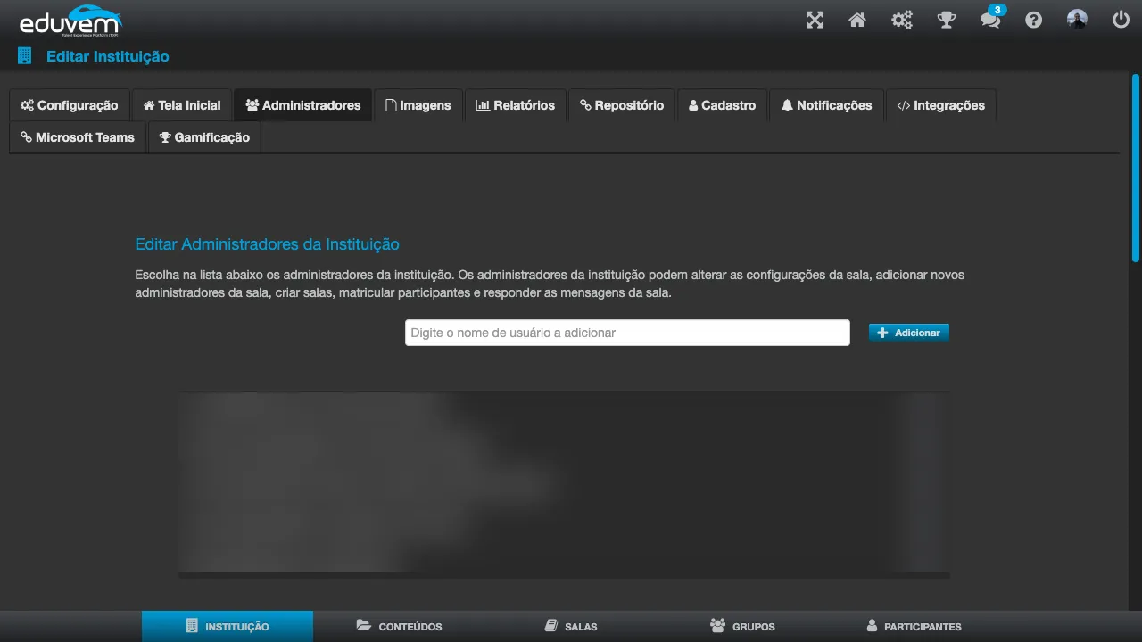Tela Editar Administradores da Instituição, com a lista de administradores e o campo para adicionar um novo