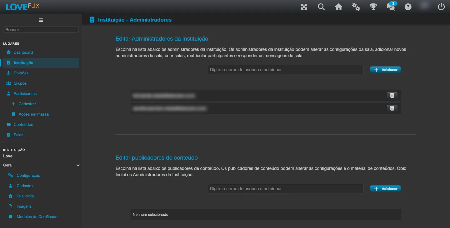 Tela Editar Administradores da Instituição, com a lista de administradores e o campo para adicionar um novo