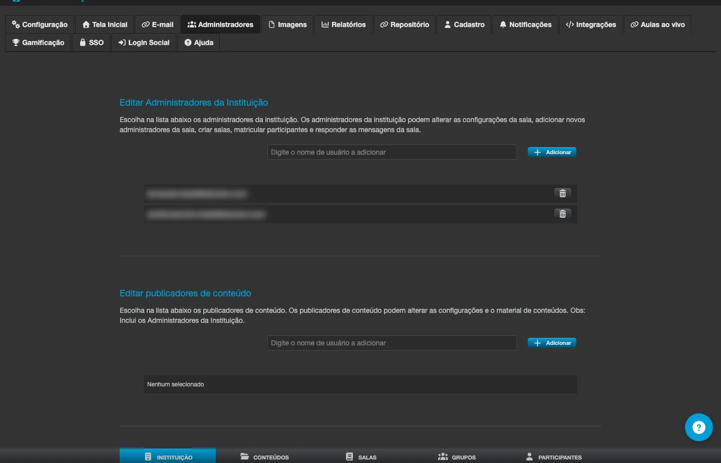 Tela Editar Administradores da Instituição, com a lista de administradores e o campo para adicionar um novo