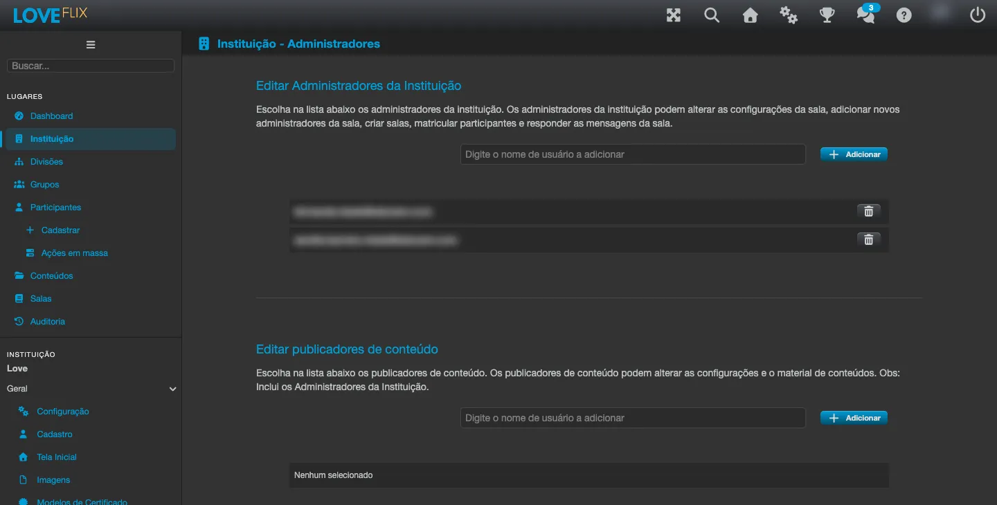 Pantalla Editar Administradores de la Institución, con la lista de administradores y el campo para añadir uno nuevo
