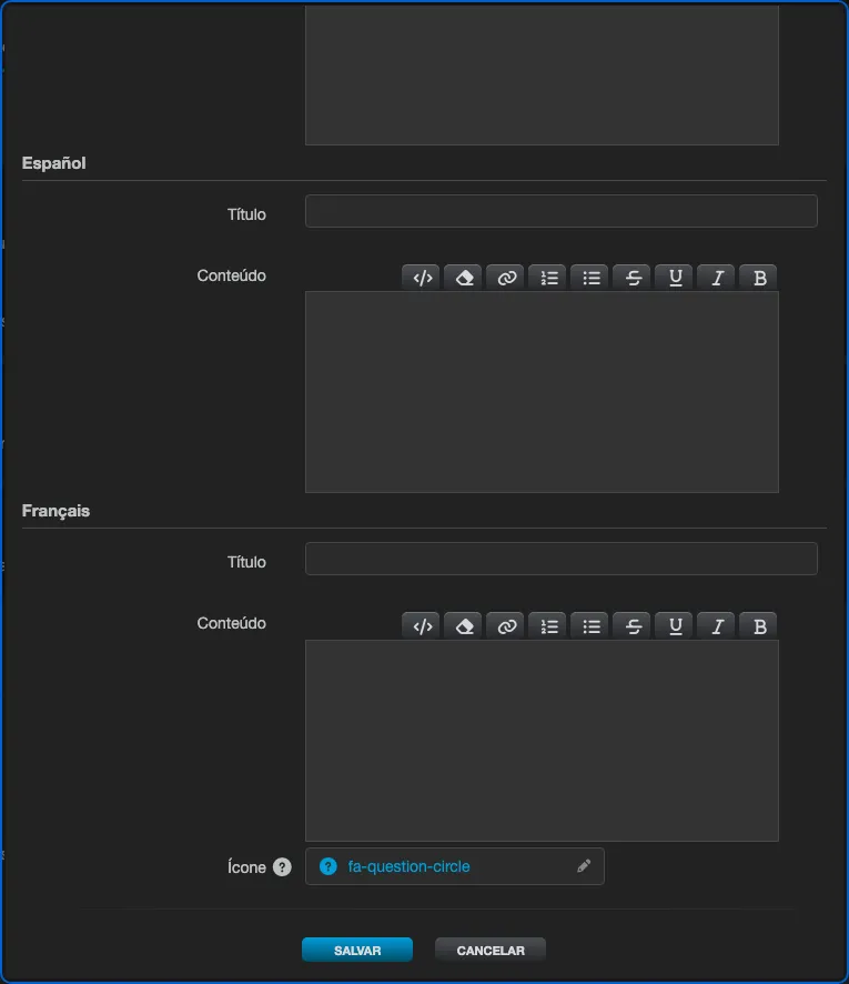 Modal Editar Consejo con los bloques de Título y Contenido por idioma y, al final, el campo Ícono con el selector visual