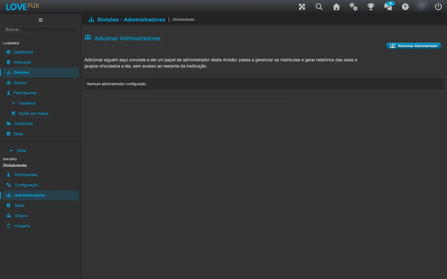 Aba Administradores da divisão, com a lista de administradores e o botão Adicionar Administrador