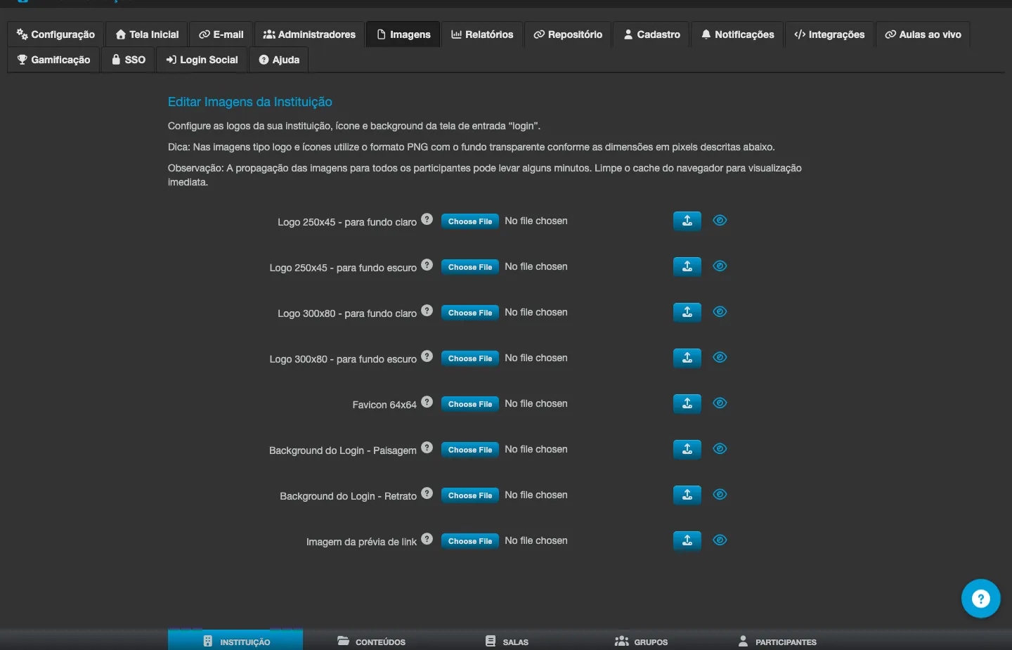 Tela Editar Imagens da Instituição, com os campos de upload para logomarcas, favicon e ícones do aplicativo