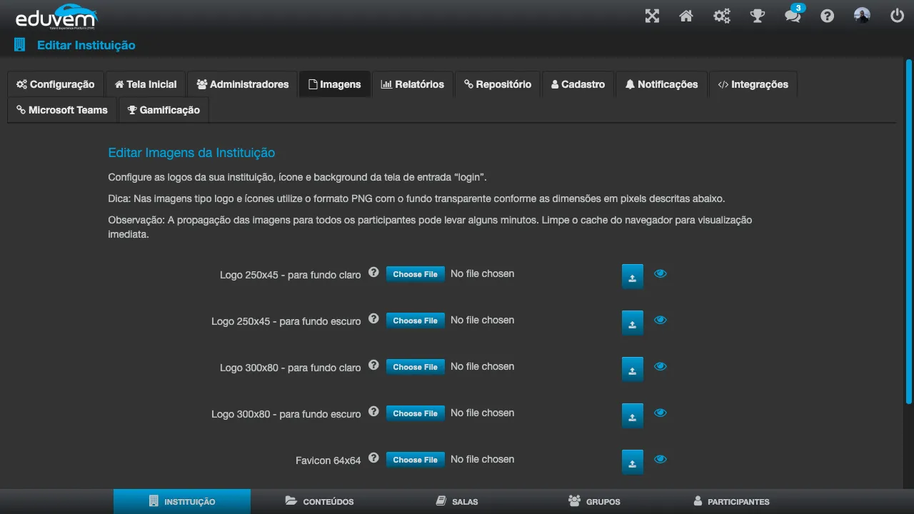 Tela Editar Imagens da Instituição, com os campos de upload para logomarcas, favicon e ícones do aplicativo