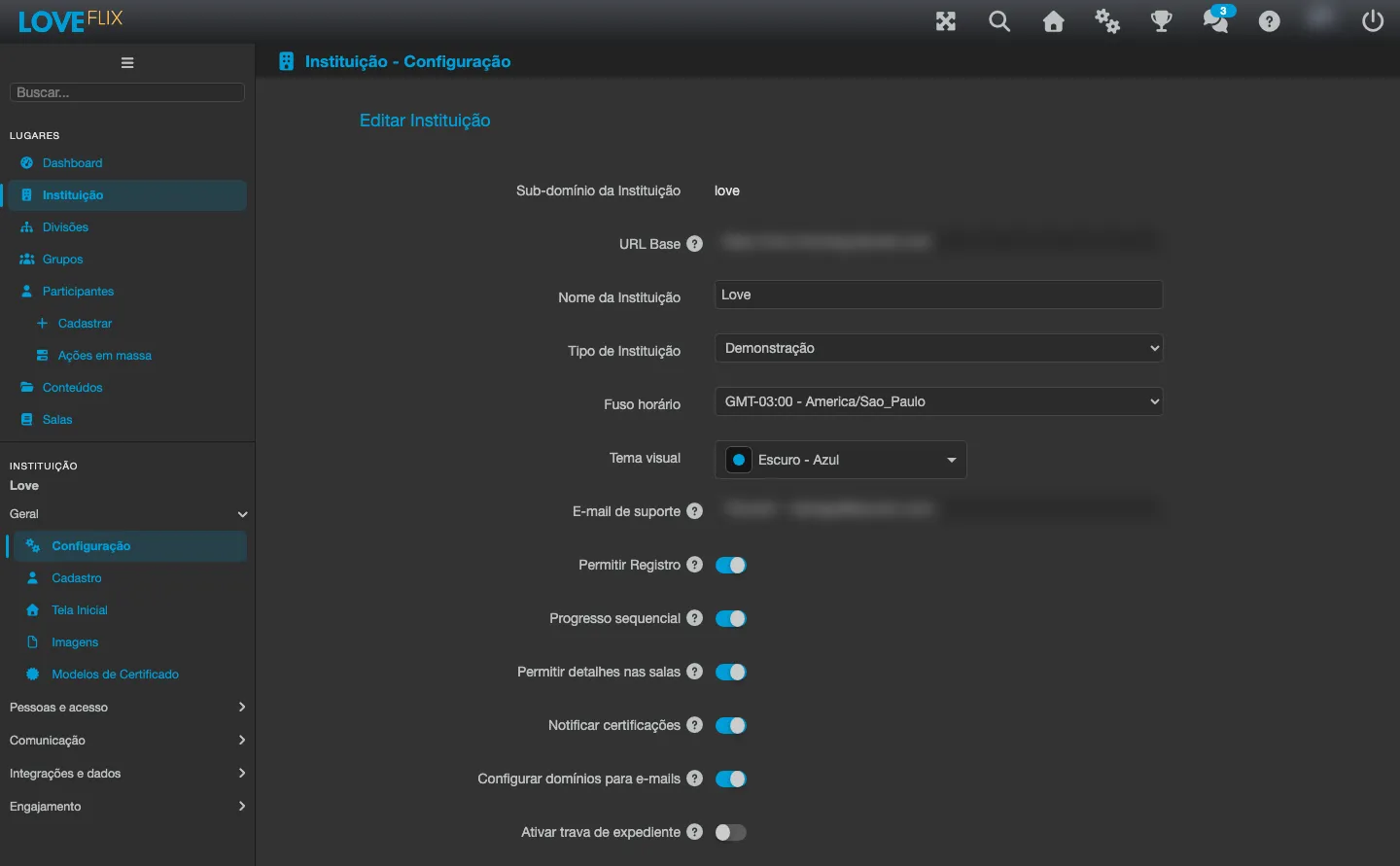 Tela Editar Instituição, com as abas Configuração, Tela Inicial, E-mail, Administradores, Imagens, Relatórios, Repositório, Cadastro, Notificações, Integrações, Aulas ao vivo, Gamificação, SSO, Login Social, Ajuda e Lembretes