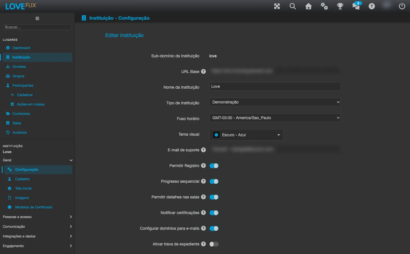 Pantalla Editar Institución, con las pestañas Configuración, Pantalla Inicial, E-mail, Administradores, Imágenes, Informes, Repositorio, Registro, Notificaciones, Integraciones, Clases en vivo, Gamificación, SSO, Inicio de sesión social, Ayuda y Recordatorios