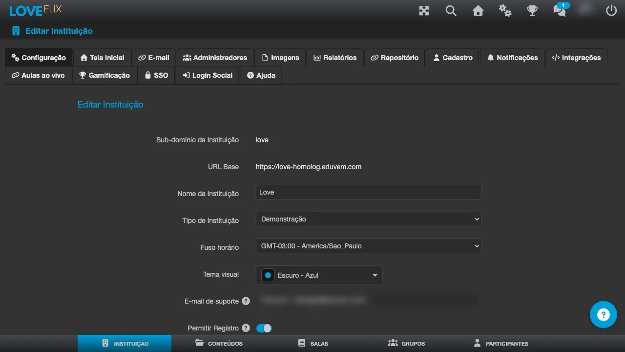 Tela Editar Instituição, com as abas Configuração, Tela Inicial, E-mail, Administradores, Imagens, Relatórios, Repositório, Cadastro, Notificações, Integrações, Aulas ao vivo, Gamificação, SSO, Login Social, Ajuda e Lembretes