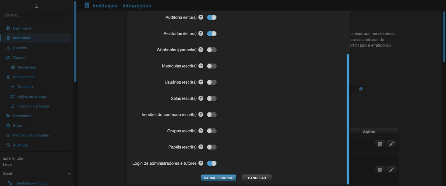 Modal Editar permissões de um token, com os escopos Plataforma, Certificados, Auditoria, Relatórios e Webhooks