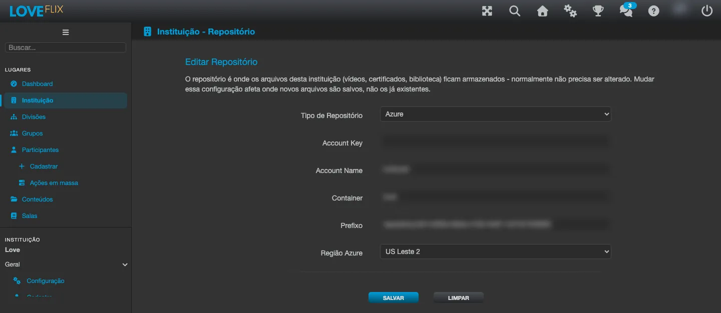 Tela Editar Repositório da Instituição, com o tipo de repositório e os campos de conexão do armazenamento