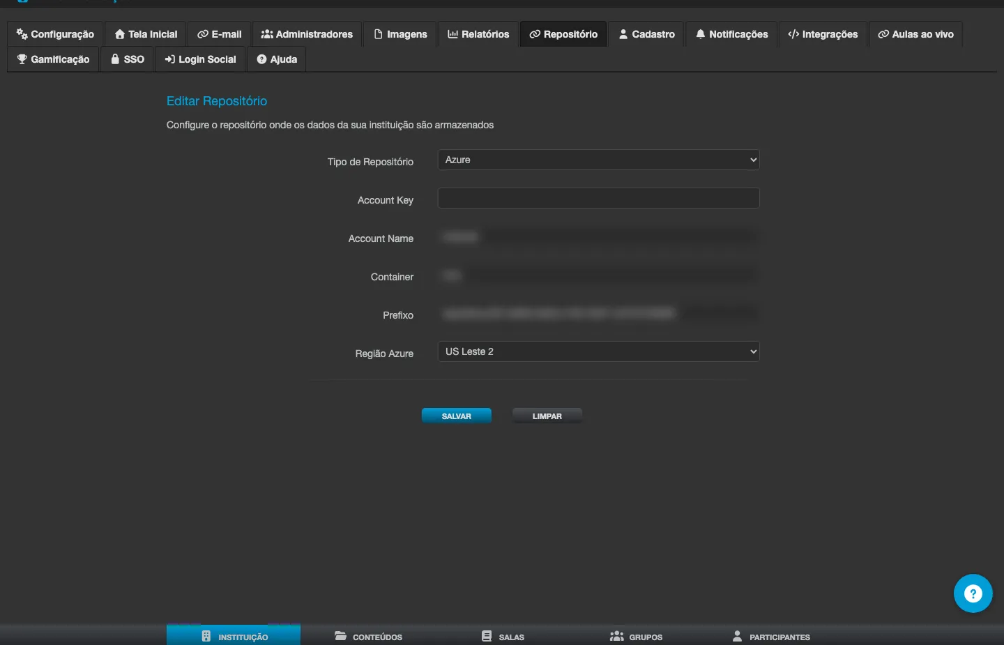 Tela Editar Repositório da Instituição, com o tipo de repositório e os campos de conexão do armazenamento