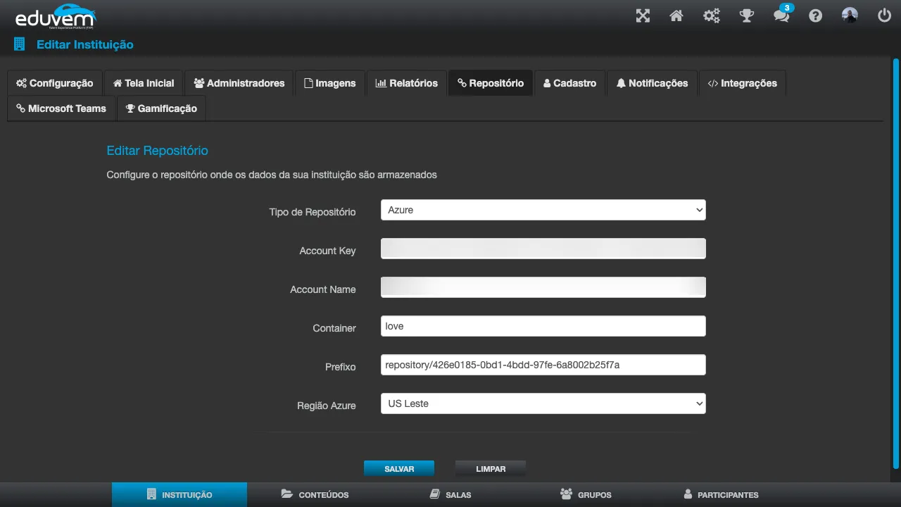 Tela Editar Repositório da Instituição, com o tipo de repositório e os campos de conexão do armazenamento